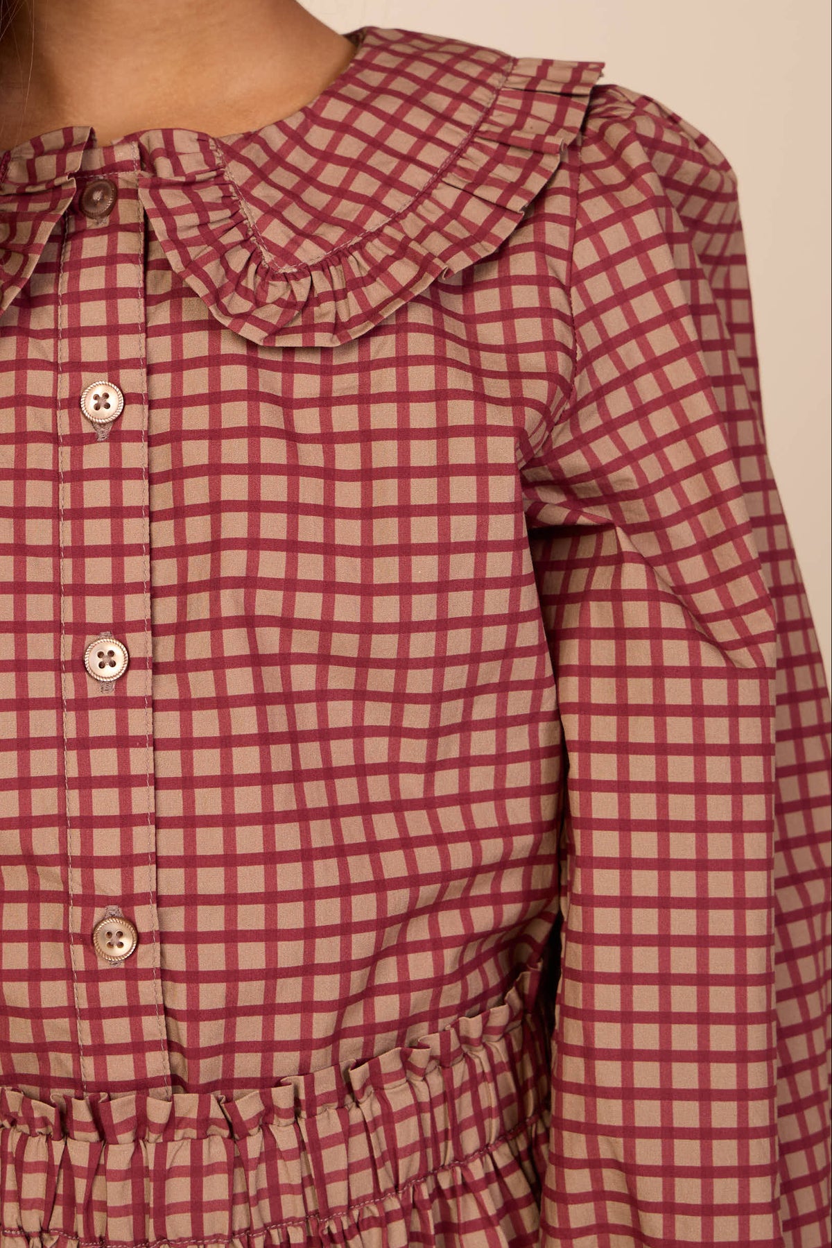 Frill Collar Poplin Blouse - Kids - Bordeaux Check | 101449 Julia