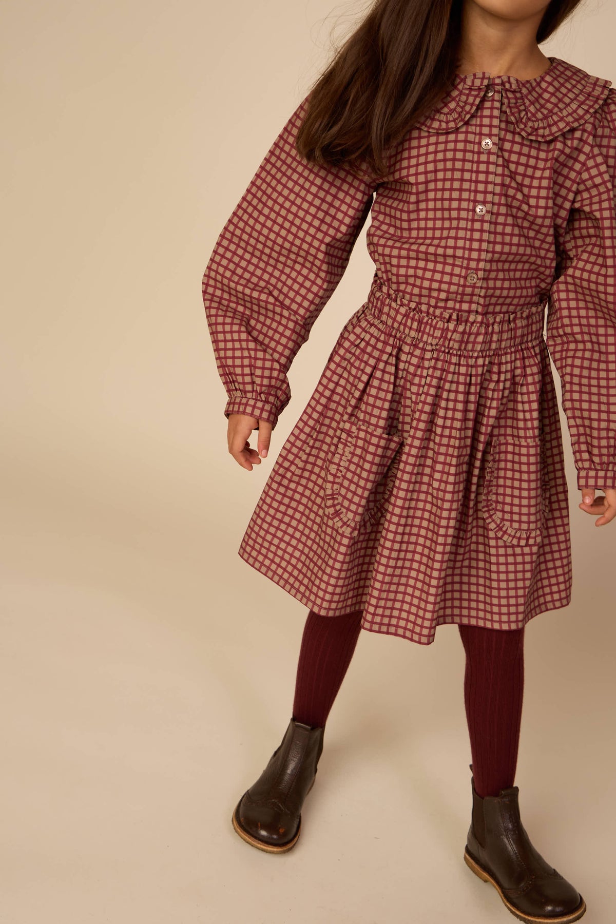 Frill Collar Poplin Blouse - Tween - Bordeaux Check | 101450 Julia