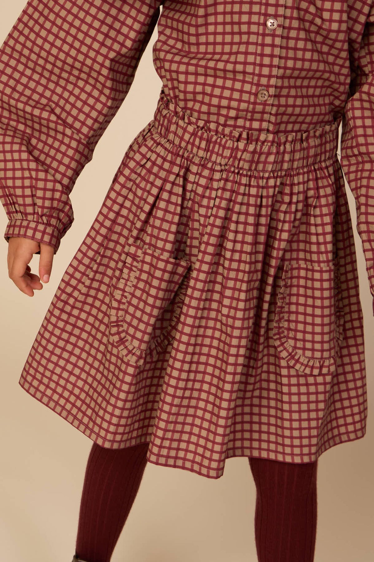 Frill Pocket Poplin Skirt - Kids - Bordeaux Check | 101443 Julia
