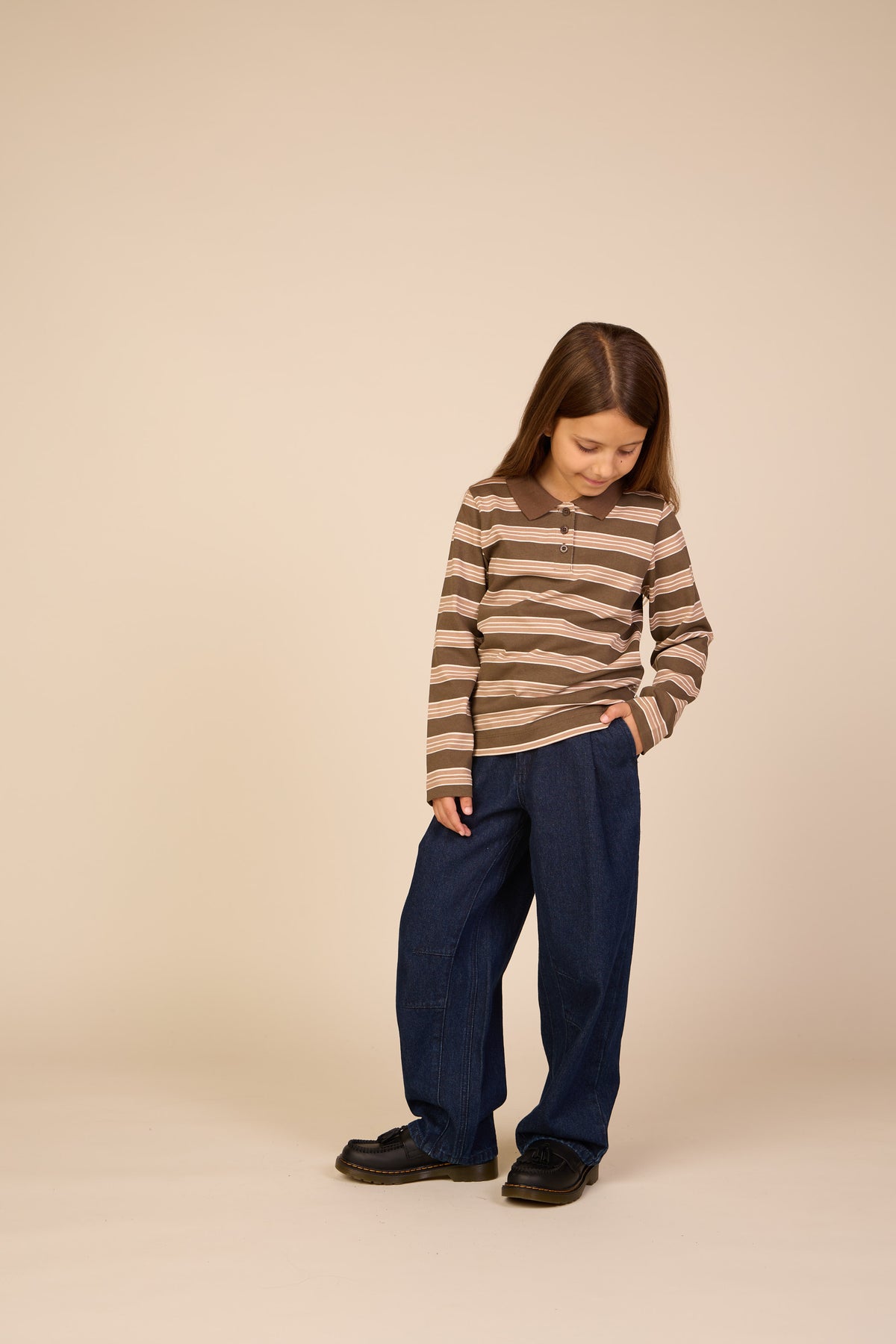 Striped Long-Sleeve Jersey Polo - Tween - Brown | 101696 Hope