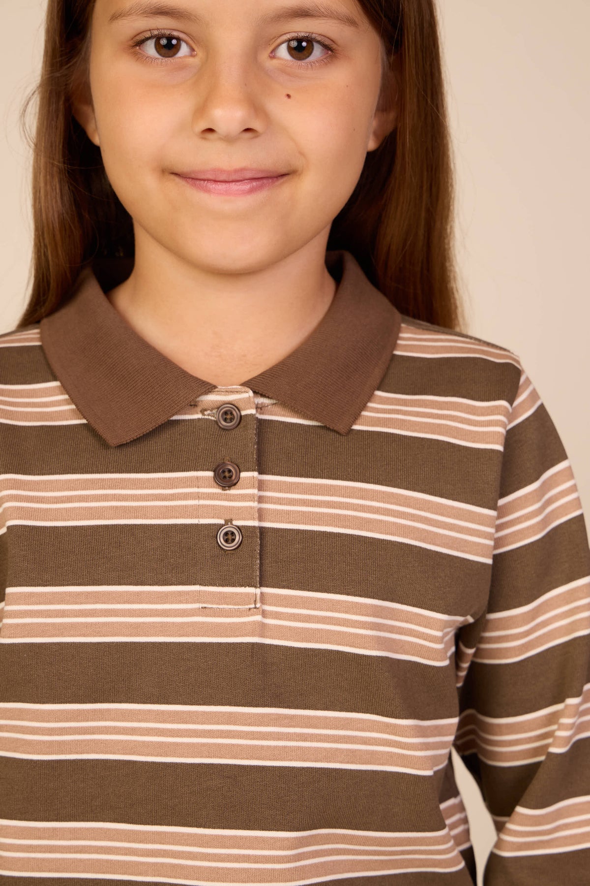 Striped Long-Sleeve Jersey Polo - Tween - Brown | 101696 Hope