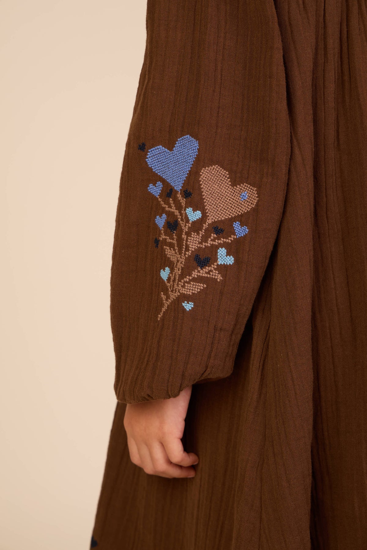 Cross-Stitch Double Gauze Dress - Kids - Brown | 101467 Laureen