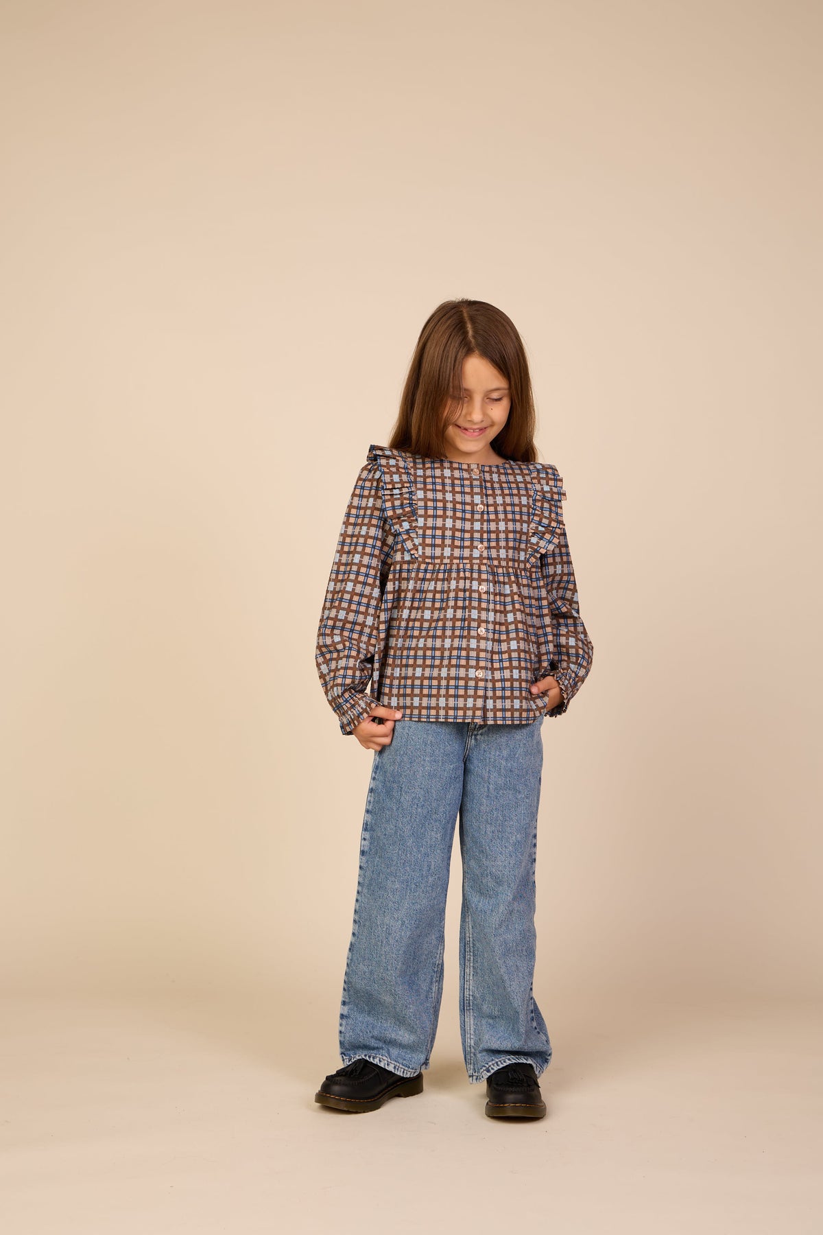 Checked Cotton Frill Blouse - Tween - Blue | 101496 Penny