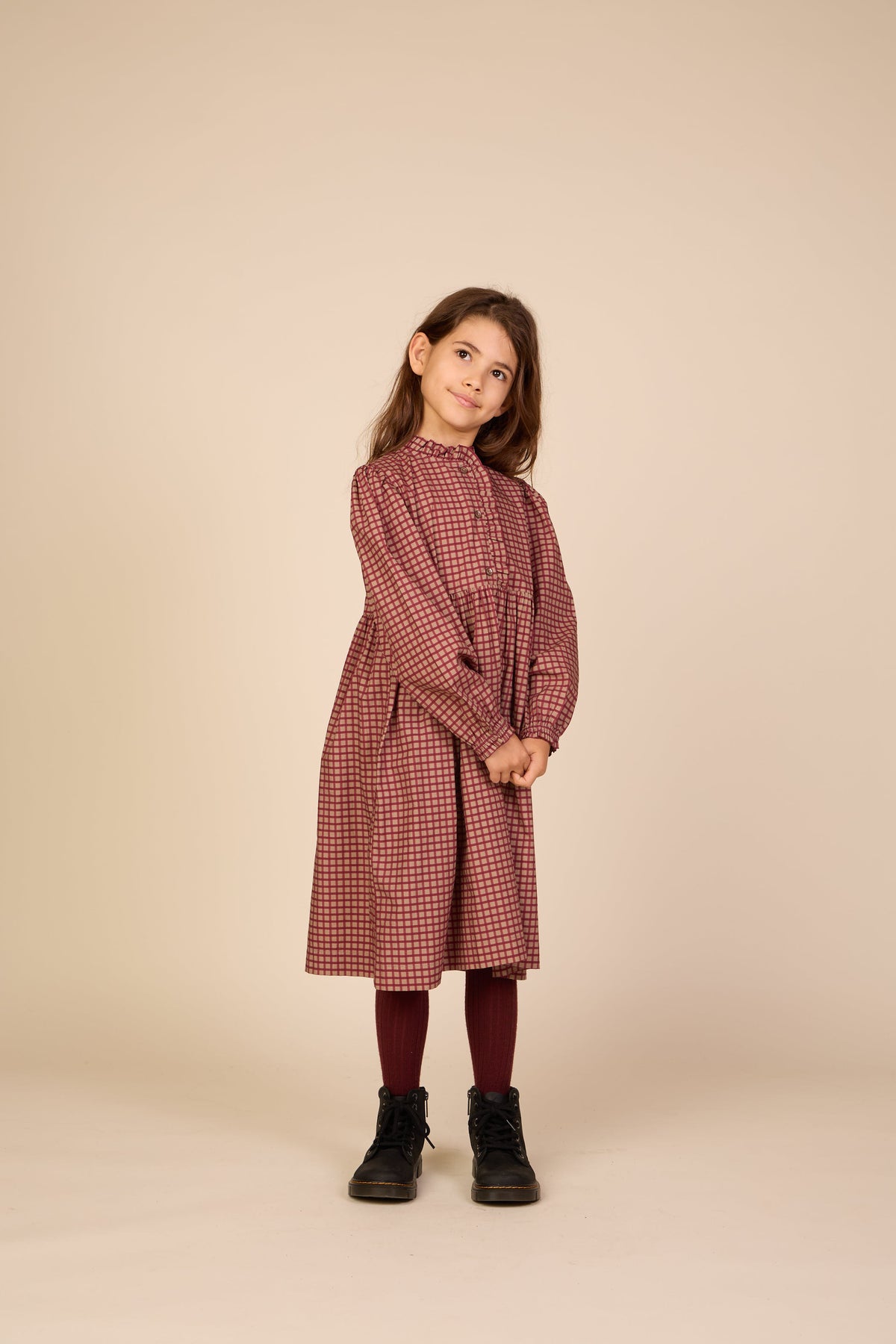 Frill Placket Poplin Dress - Tween - Bordeaux Check | 101437 Julia