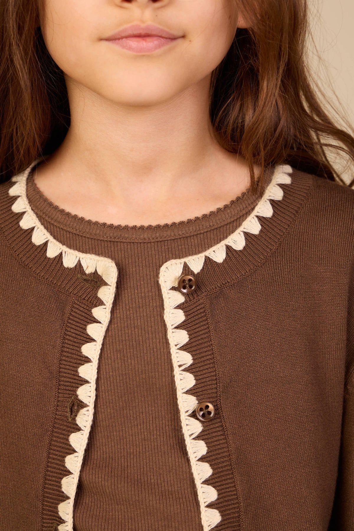 Contrast Stitch Cardigan - Tween - Brown/Offwhite | 101633 Lia