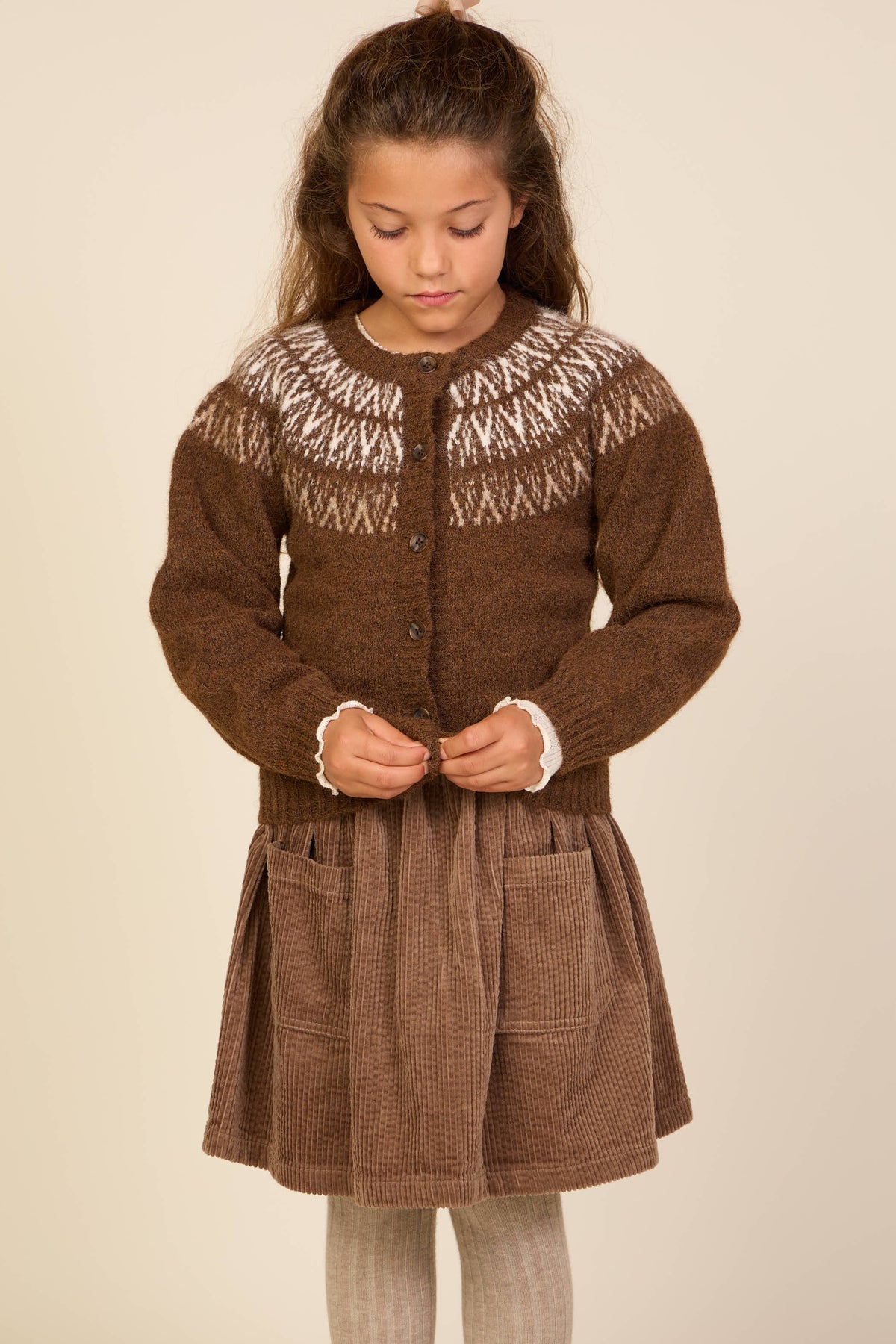 Jacquard Knit Cardigan - Tween - Brown | 101524 Daniella
