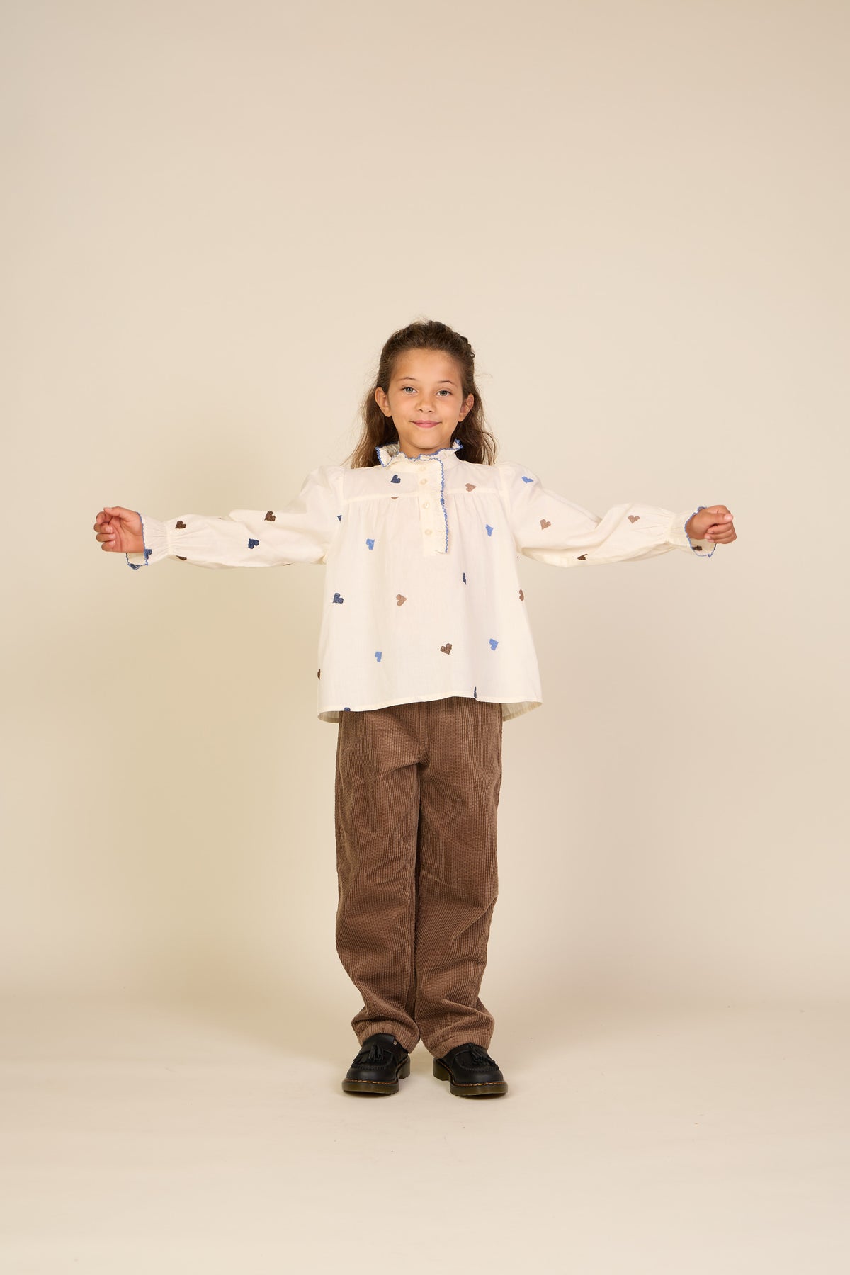 Heart Embroidered Cotton Blouse - Tween - Blue/Brown | 101456 Elina