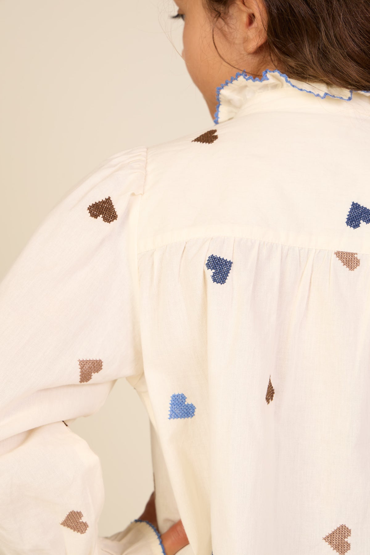 Heart Embroidered Cotton Blouse - Tween - Blue/Brown | 101456 Elina