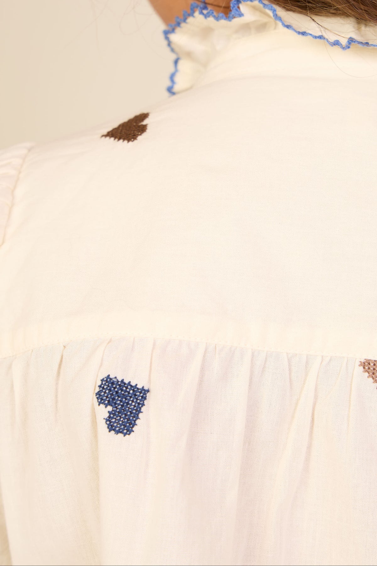 Heart Embroidered Cotton Blouse - Kids - Blue/Brown | 101455 Elina
