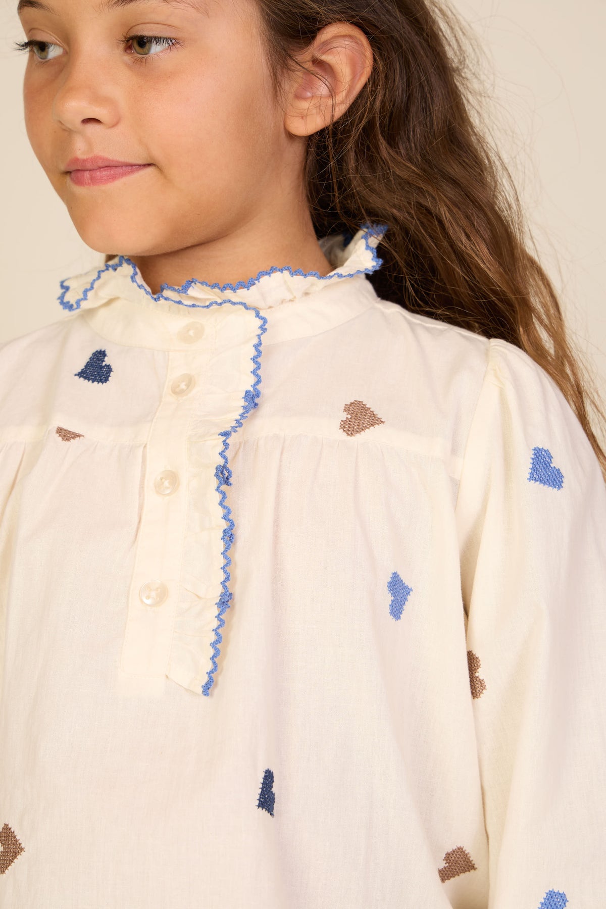 Heart Embroidered Cotton Blouse - Tween - Blue/Brown | 101456 Elina