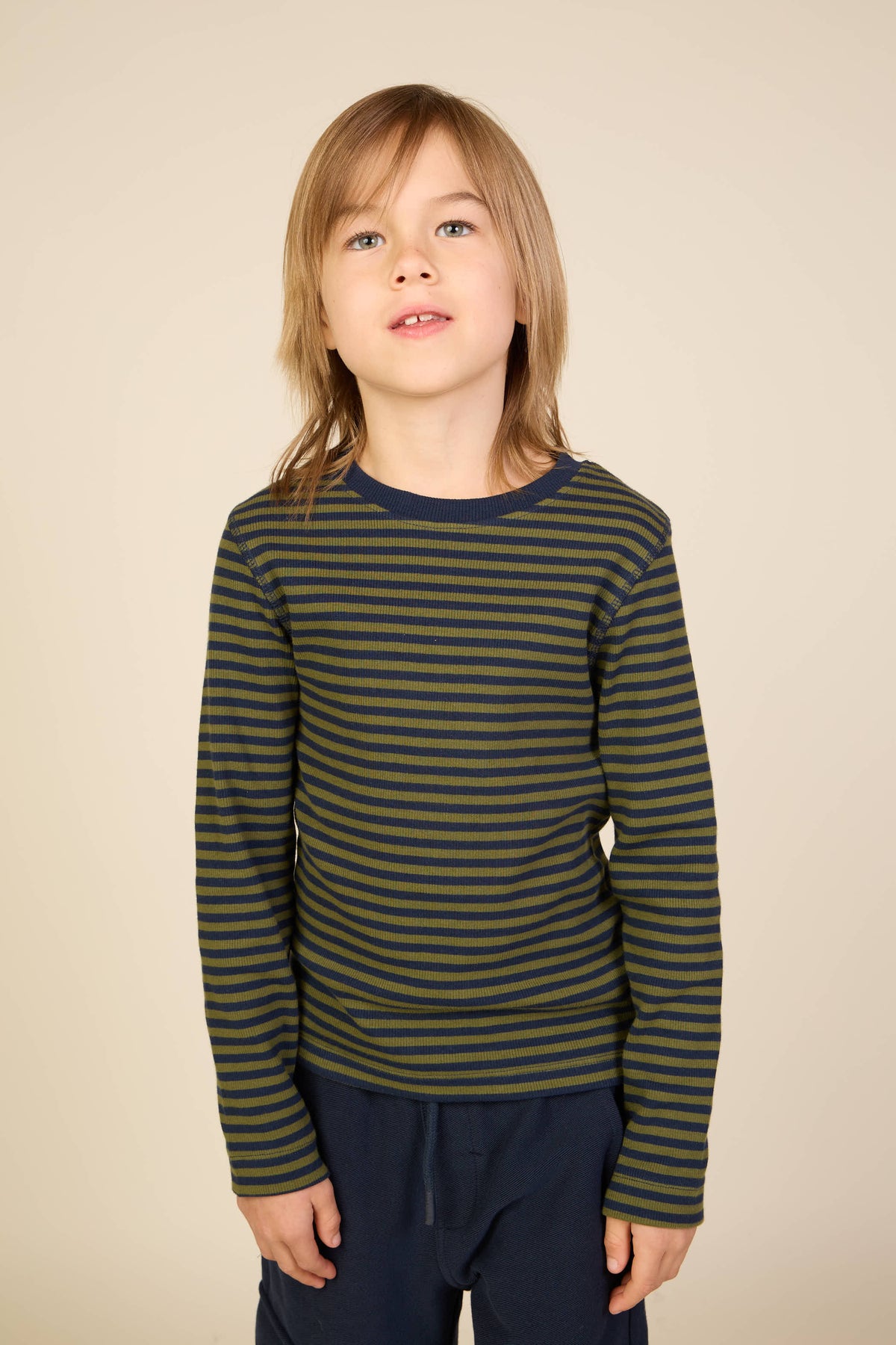 Ribbed Long-Sleeve T-Shirt - Tween - Moss Green/Navy Stripe | 101602 Conrad