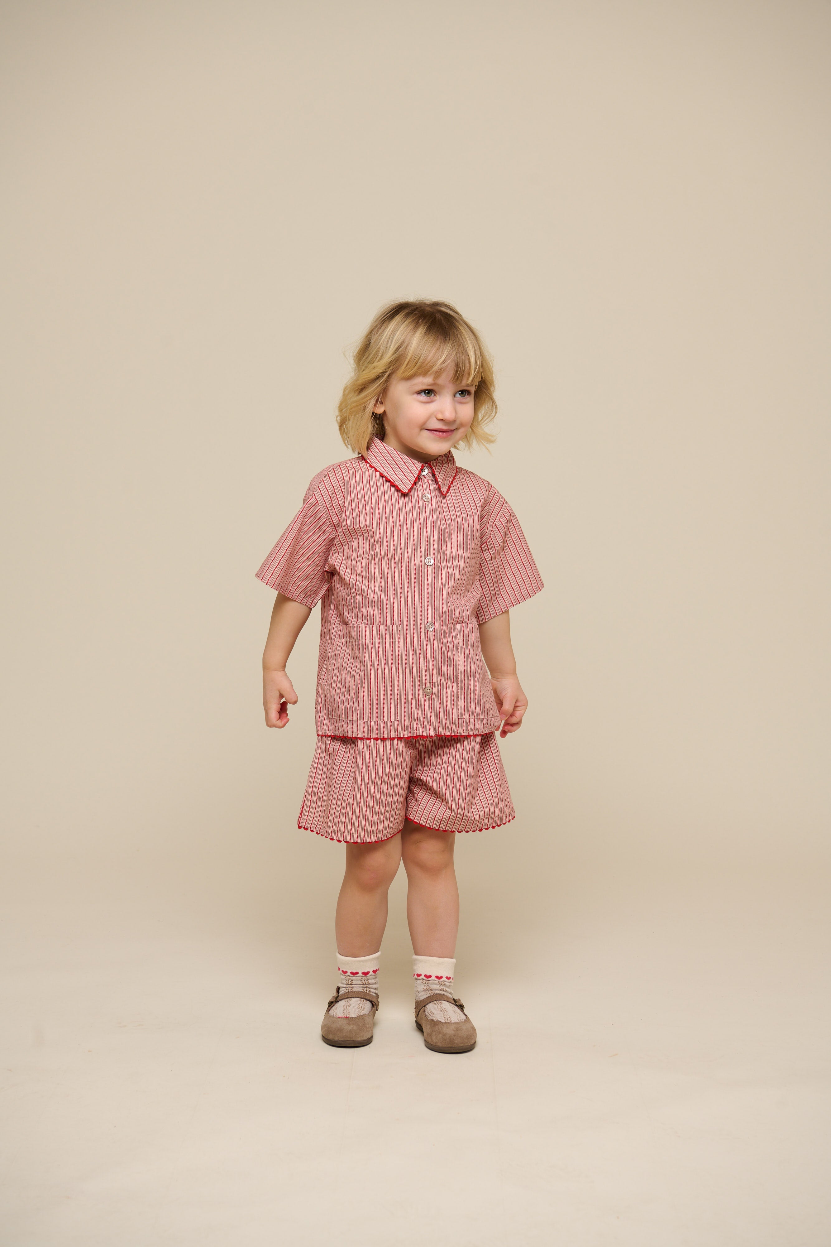 Striped Poplin Shirt and Shorts Set - Kids - Old Rose/Cherry Red | 100946 Olivia