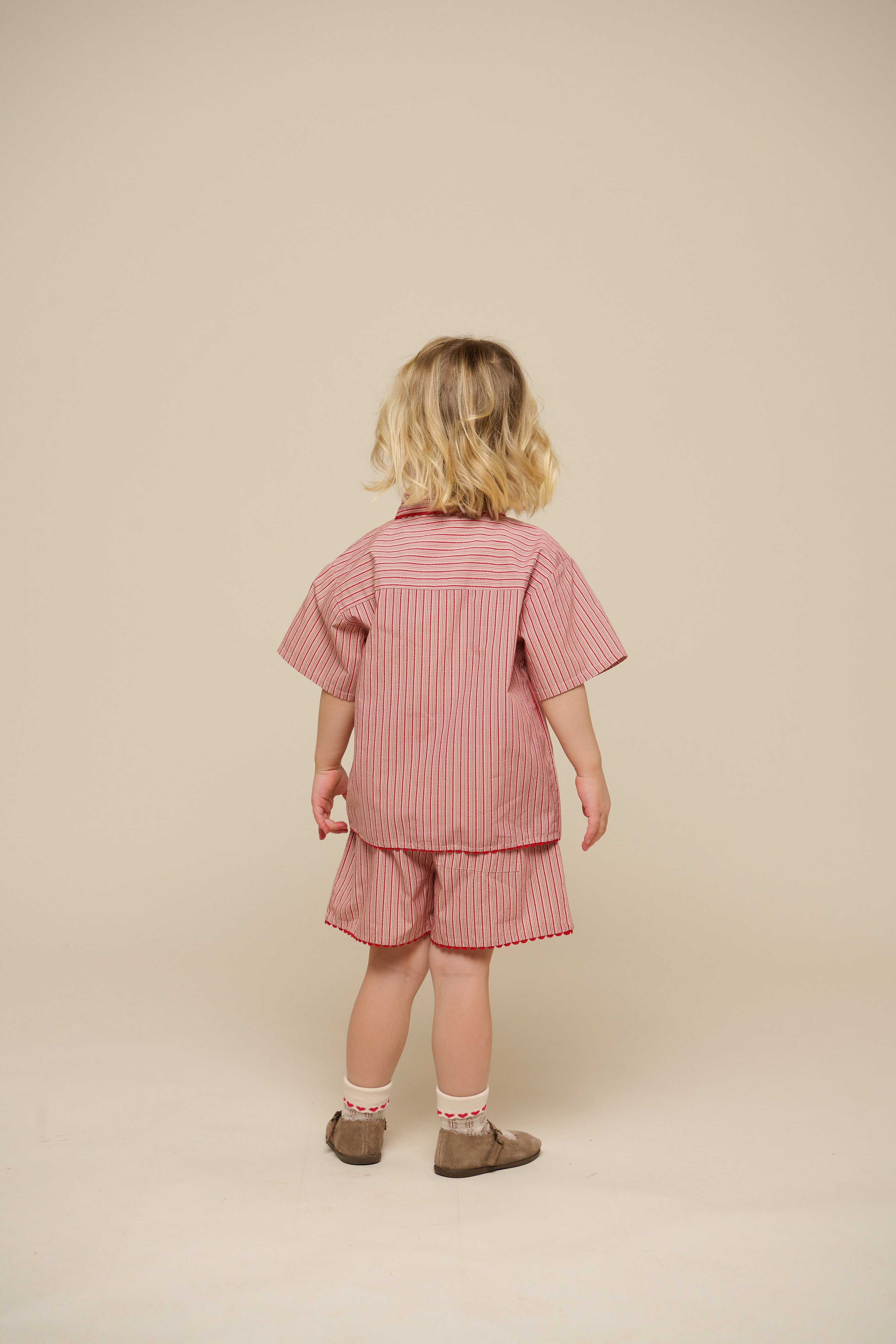 Striped Poplin Shirt and Shorts Set - Kids - Old Rose/Cherry Red | 100946 Olivia