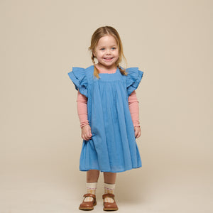 Cotton Dress with Ric Rac Frill - Kids - Dusty Blue | 101036 Alma