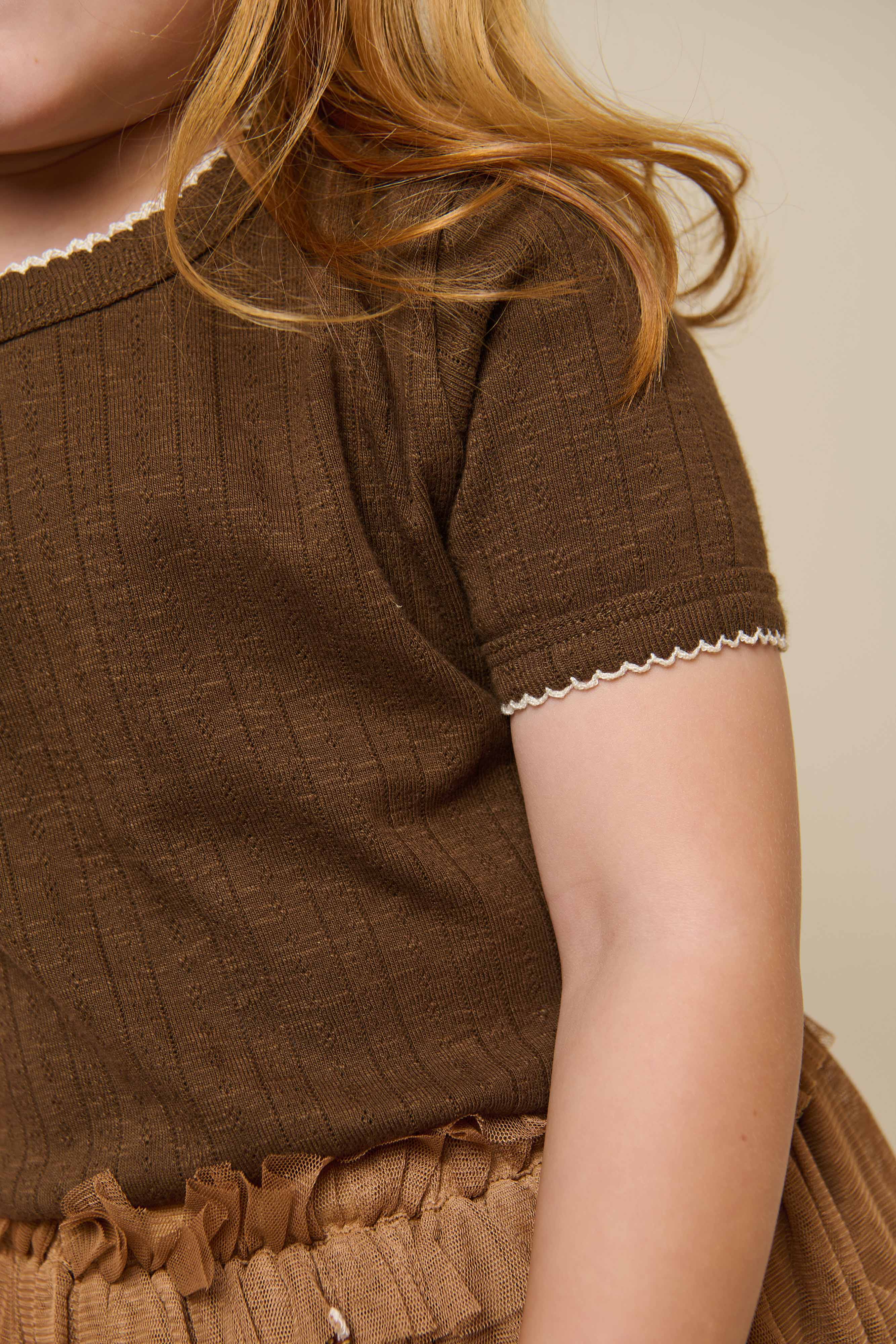 Pointelle t-shirt with contrast picot - Kids - Dark Brown | 101291 Drew