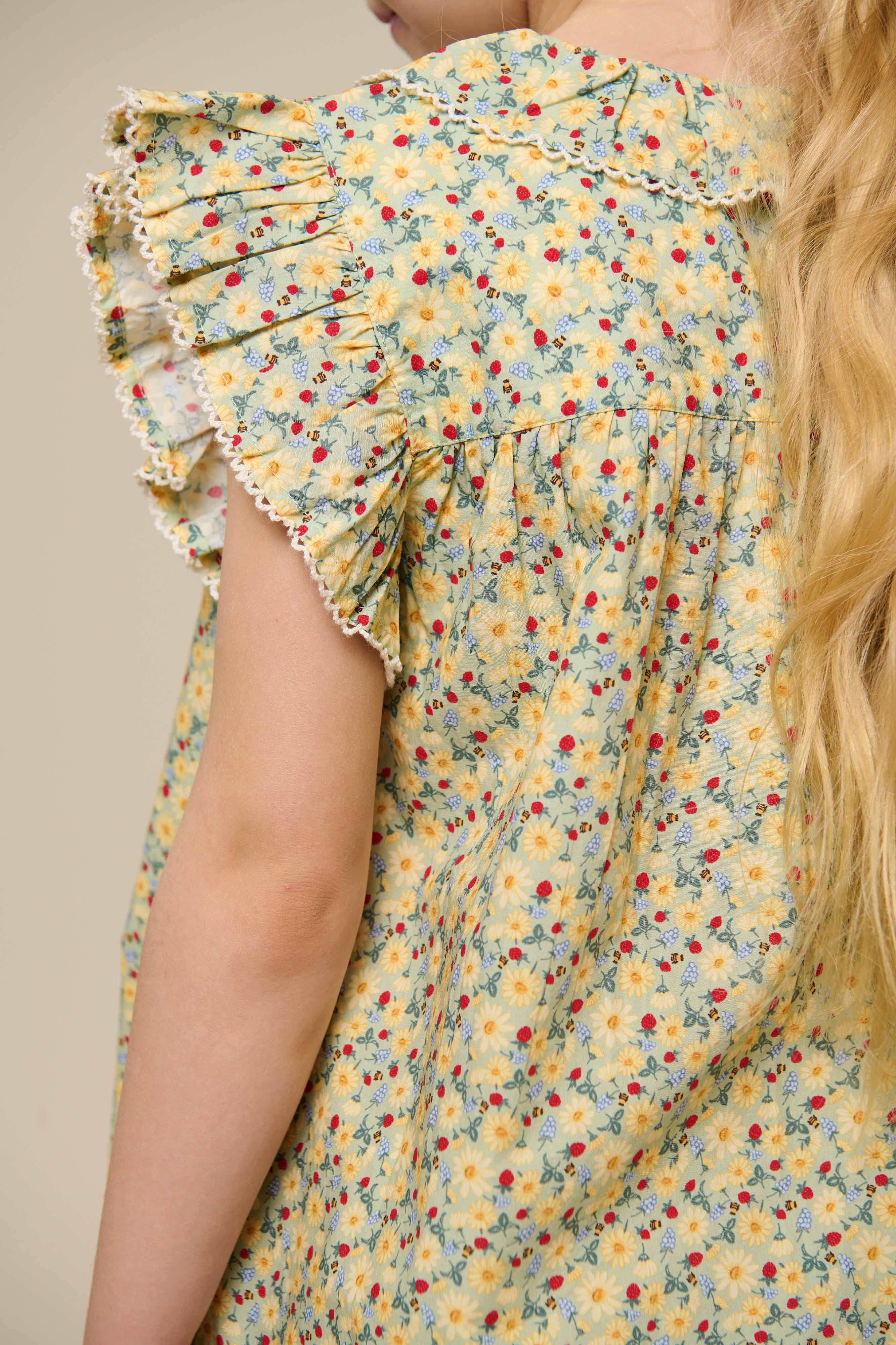 Flower Printed Poplin Frill Top - Tween - Green | 100951 Poppy